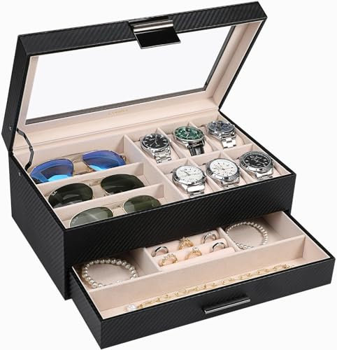 LANDICI Watch Box Organiser Jewellery box for Men Women, 2 Layer 6 Slot PU Leather Watch Storage Case with Glass Top, Large Jewelry Display Holder for Sunglasses Necklace Earring Ring (Black)