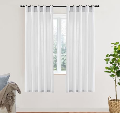 White Sheer Curtains 72 Inches Long for Living Room Bedroom,Linen Cotton Textured Back Tab Hooks Pleat Semi Privacy Light Filtering Sidelight French Door Curtain Drapes 72 In Length 2 Panels Set