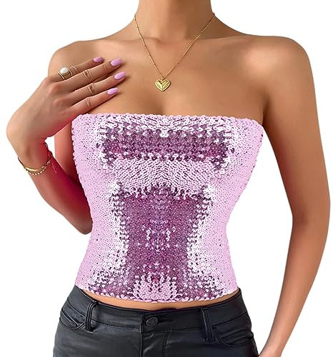 Naimo Top da Donna Con Paillette, Senza Maniche, Senza Spalline, Sexy, a Nastro, Corpetto, Lilla Rosa, Taglia Unica