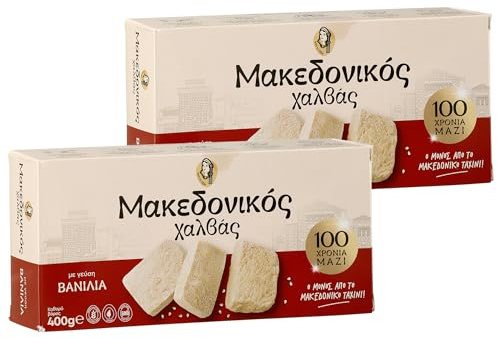 Haitoglou Makedonikos Halvas mit Vanille 2x 400g – Griechische Sesamsüßigkeit mit feiner Vanillenote – Traditionelle Süßspeise – inkl. 20ml Jassas Olivenöl