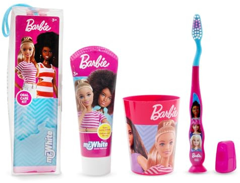 Barbie Kids Toothbrush Set Contains Toothbrush with Protection Cap, Suction Cup and Soft Bristles, Mint Flavour Toothpaste and Multi-Purpose Beaker for Children 3+