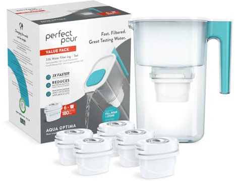 Aqua Optima Perfect Pour Wasserfilterkanne & 6 x 30 Tage Evolve+ Wasserfilterkartusche, 3,6 Liter Fassungsvermögen, zur Reduzierung von Mikroplastik, Chlor, Kalk und Verunreinigungen, Teal