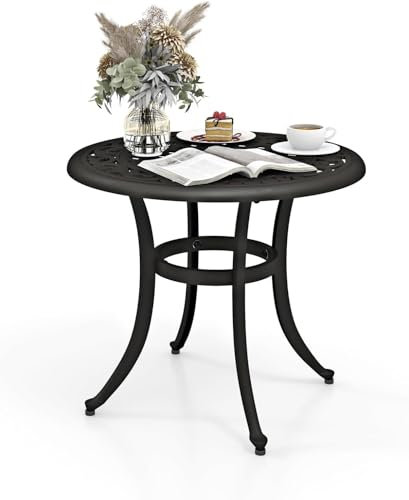 GiantexUK Outdoor Garden Dining Table, Cast Aluminum Round Table with Adjustable Foot Pads, All-weather Conversation Side Table for Poolside Backyard Balcony