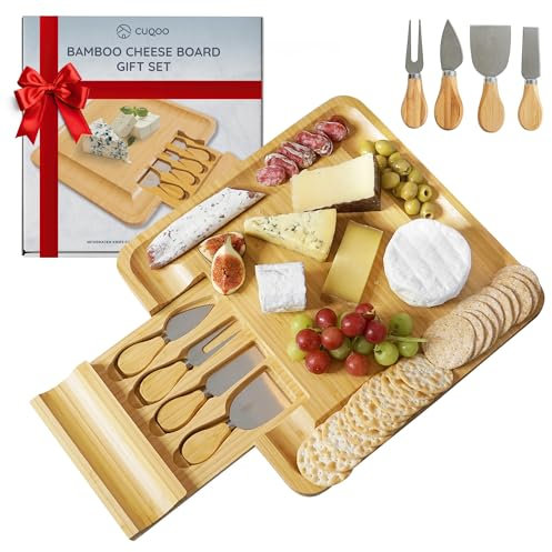 CUQOO Cheese Board Set with Drawer – Wooden Charcuterie Serving Tray & 4 Knives, for Birthdays, Weddings, Housewarming, or Women’s Celebrations