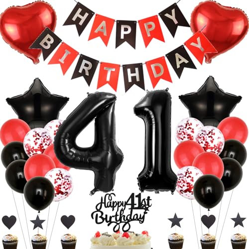 Anlgdi Deko 41. Geburtstag Frau: Tortendeko, Ballons & Banner in Rot & Schwarz für Damen & Herren