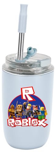 MAJEQZGY Roblox Spiel Wasserflasche 280 ml Auslaufsicher Trinkflasche mit Strohhalm Trinkbecher Edelstahl Flasche für Arbeit, Reisen, Outdoor, Schule (R Halbkreis)