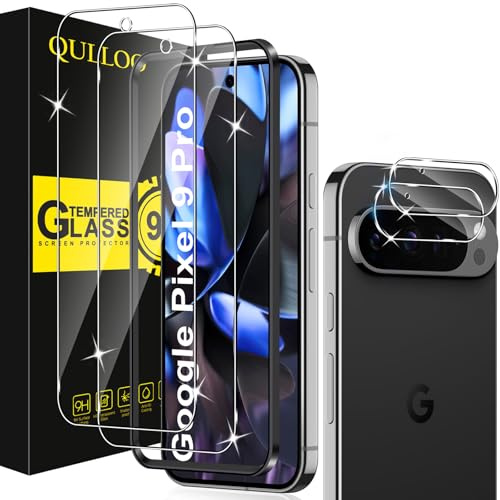QULLOO Schutzfolie für Google Pixel 9 Pro 5G, 2 Stück Displayschutzfolie mit 2 Stück Kameraschutz, 9H Härte Gehärtetes Glas HD Klar Schutzglas Anti-Kratzen Folie