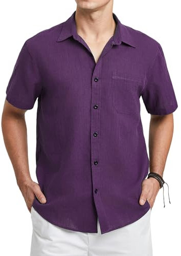 HISDERN Leinen Hemden Herren Kurzarm Lila Sommerhemd aumwolle Leinenhemd Regular Fit Freizeithemd mit Brusttasche Hemd XL