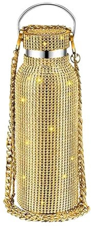 Bouteille d’eau en strass – Bouteille d’eau Blings Diamond de 350 ml, gobelet clouté en strass | Bouteille d'eau à paillettes avec chaîne, bouteille thermique en acier inoxydable avec diamant brillant