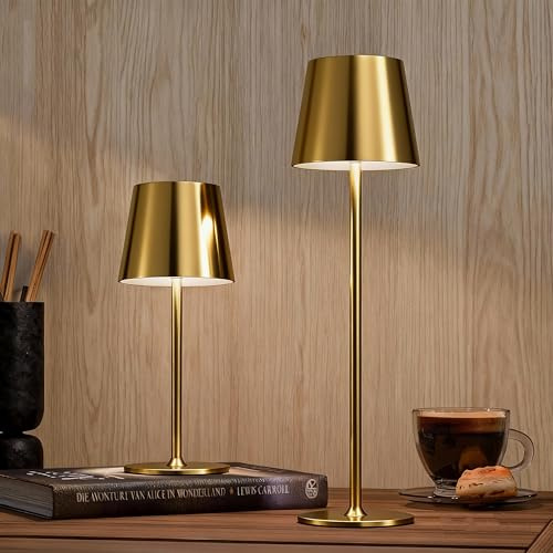 Cordless Rechargeable Table Lamp, 300LM Full Metal 3 Adjustable Height 5400mAh Battery Lamps, Dimmable Bedside Touch Lamp, Outdoor Waterproof Wireless Lamp for Dinner Home Restaurant (Gold-2PCS)