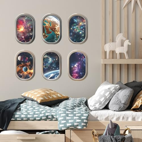 HGDESIGN® Wandtattoo Wandaufkleber 3D Fenster Universität Galaxy Planet Wandsticker Wanddeko für Wohnzimmer Schlafzimmer Flur Küche (A)