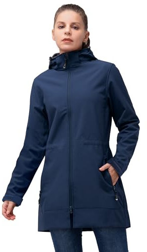 33,000ft Softshelljacke Damen Lange Übergangsjacke Wasserdicht Winddicht Softshellmantel Windbreaker Atmungsaktiv Wanderjacke Outdoor Mantel mit Abnehmbarer Kapuze Dunkelblau S
