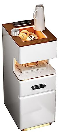Bedside Table with Fingerprint Lock Drawer and Wireless Charging Station White Nightstand for Bedroom and Living Room Modern Beige Nightstand with Smart Features (Size: 30)