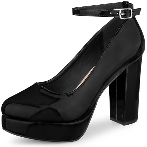 Perphy Women's Ankle Strap Platform Chunky Heels Mary Jane Pumps | Platform chunky heel Mary Jane pumps with ankle strap. Padded insole. Secure buckle closure. Retro chic.