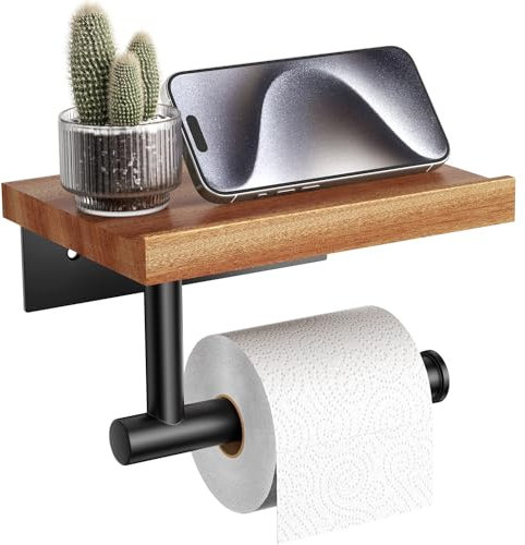 Tindbea Porta carta igienica con ripiano in legno, Porta rotolo di carta igienica da parete in legno, Accessori bagno in acciaio inox nero opaco per la casa (Sapele, Nero opaco)