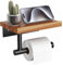 Tindbea Porta carta igienica con ripiano in legno, Porta rotolo di carta igienica da parete in legno, Accessori bagno in acciaio inox nero opaco per la casa (Sapele, Nero opaco)