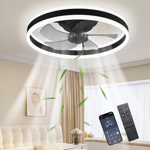 Ceiling Fans with Lights, 50cm Smart Ceiling Fan Light with 3 Light Colors 6 Speed, Dimmable, Reversible, Timer, LED Ceiling Fans with Lights and Remote for Bedroom Living Room, Black