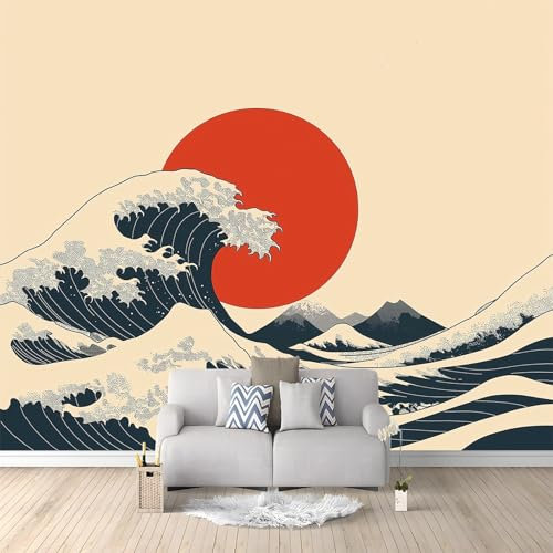 Non-Woven Wallpaper Wall Mural Photo Wallpaper Bedroom Vintage Japanese Waves Decoration Picture Design Poster Wall Covering 250 x 175 cm Suitable for Children’s Room Home Decoration, Light Yellow