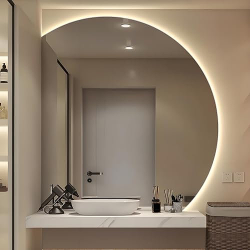 XIAKUS Specchio Cosmetico a Luce Tricolore a Mezzaluna, Specchio da Bagno Antiappannamento con Retroilluminazione, Specchio Decorativo per Casa Sicuro e Antideflagrante(Left Under Cut,100cm/39)