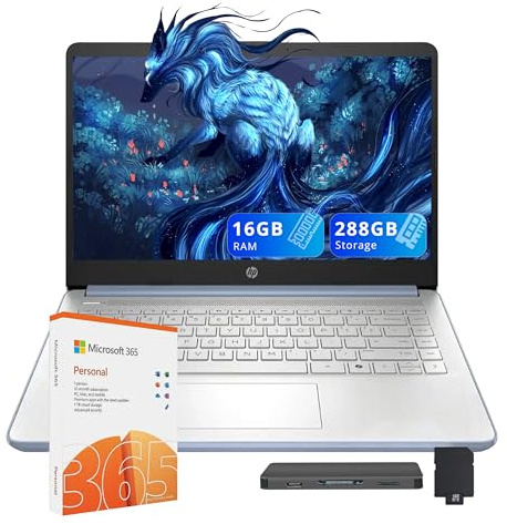 HP Stream 14 pollici HD Laptop, Intel Processor N150, 16GB RAM, 288GB di storage (128GB SSD+160GB Docking Station Set), Intel Graphics, 1 anno Office 365, Copilot, Fast Charge, Wi-Fi 6, Win 11 S, Blu