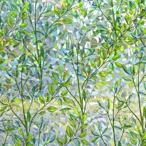 Fensterfolie, 3D Regenbogen Folie Fenster Selbsthaftend Fensterfolie Blickdicht Statisch Fensterfolie Bunt Anti UV Fensterfolie Blickdicht von Aussen für Glas mit Werkzeug (Grünes Blatt, 44.5×100cm)