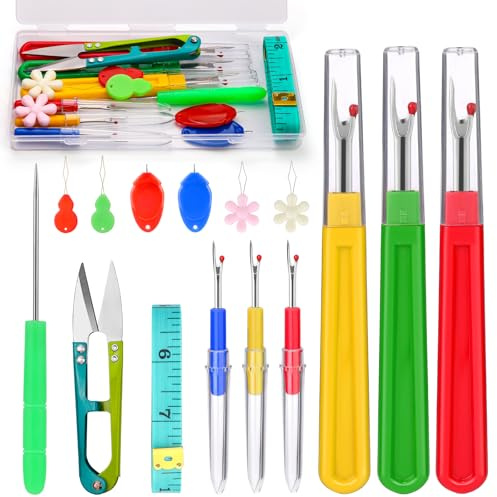 16 Pcs Seam Ripper Set, 6 Pcs Stitch Unpicker Tool Seam Rippers for Sewing | Seam Ripper Set with Needle Threader, Scissors, Awl and Storage Box for Removing Thread, Sewing Accessories Supplies Crafting