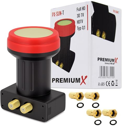 Premium X Twin LNB - 2 ingressi, estremamente resistente al calore, per 2 partecipanti, 4K Full HD, con protezione dalle intemperie per ricevitore satellitare digitale, nero, con 4 connettori F