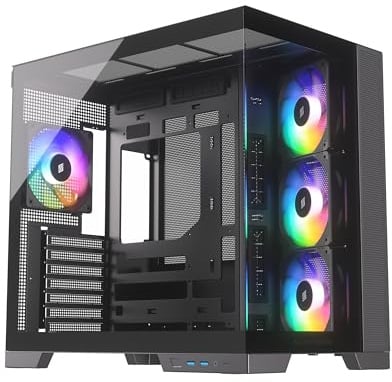 Silentware View A-RGB Black Midi Tower PC-Gehäuse Showcase, Frontpanel und Seitenfenster aus gehärtetem Glas, 4X 120mm RGB Lüfter, 4-Pin-PWM und 3-Pin Steurung, Abnehmbarer Deckel, USB-C, ATX/mATX/ITX