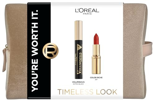 L'Oréal Paris Timeless Look Geschenkset mit Voluminous Mascara für Volumen, Color Riche Satin Lippenstift in Rot & luxuriöser Kosmetiktasche, Pflegendes Make-up Set für einen zeitlosen Look