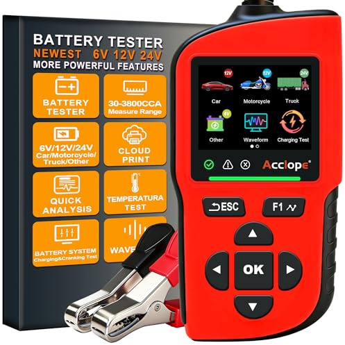 Acclope BT90 PRO - Tester per batteria, 6 V/12 V/24 V, per AGM/EFB/GEL/LiFePO4, 2 – 360 Ah, 30 – 3800 CCA, con stampa cloud, test di avviamento, nero, SAE/EN/IEC/CA/MCA, SOH/SOC/tensione/resistenza
