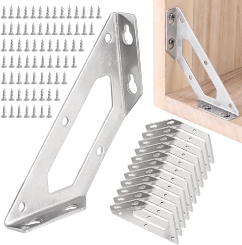 LALAGO 12 Stück Dreiecksstütze Aus Edelstahl 145 x 45 x 18mm, Dreieck Form Ecke Klammern mit 100 Schraube, Universal Winkel Eckverbinder, 90 Grad Möbelverbinder für Regal Schrank Tisch Stuhl Holz