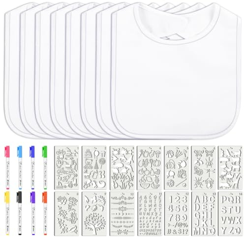 Vicloon Baby Lätzchen zum Bemalen, 8 Stück Weiß Babylätzchen baumwolle zum Bemalen mit 8 Textilstifte und 14 Malen Schablonen, Geschenk für Babyshower Party DIY, für Mädchen/Junge (30 * 20 cm)