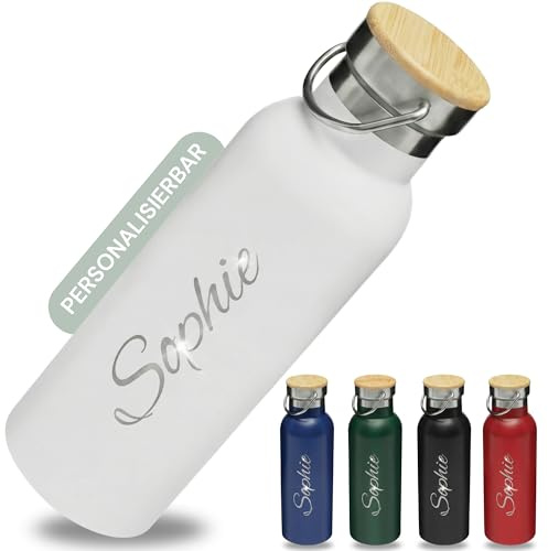 SMARTEON Personalisierte Trinkflasche mit Namen Edelstahl 500ml – Edelstahl Trinkflasche mit Gravur – Wasserflasche Erwachsene & Kinder – Isolierte Thermosflasche - Flasche mit Namen (Weiss)