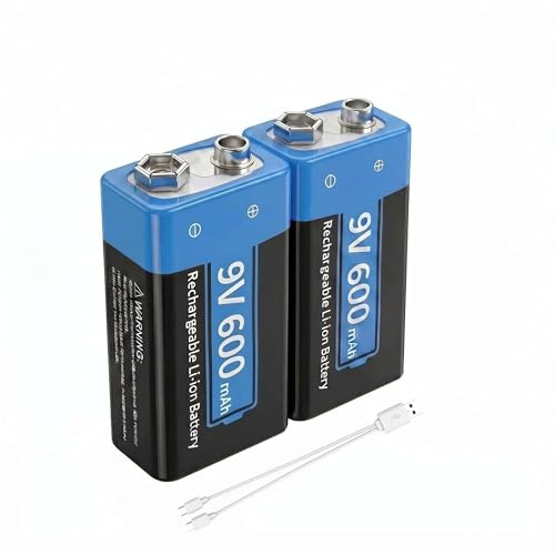 FLSTOR Paquete de 2 baterías recargables de iones de litio de 9 V y 600 mAh