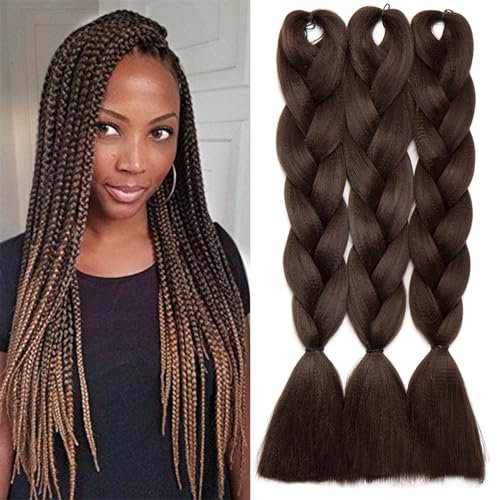 TESS Braids Extensions Braun 60 cm, Jumbo Braids Kunsthaar Zum Einflechten Box Braids Haarverlängerung Zopf 100g/Bündel Haar Braids Extension (1 Stück-Mittelbraun)
