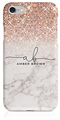 Tirita Personalised Phone Case for iPhone 6 & 6s – Hard Case or Cover With Custom Name or Initials – Cute Personalised Gift for Women or Girls [29. Marble Rose Gold Sequins]