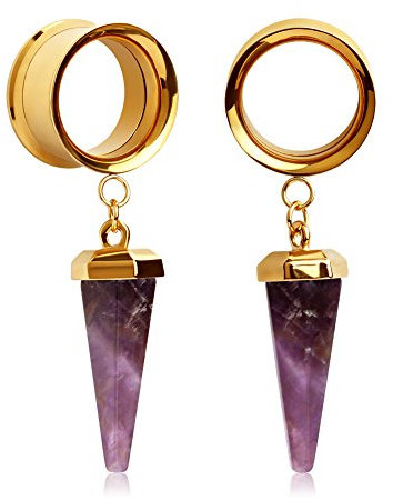 KUBOOZ (1 Paar Amethyst-Stein Anhänger Goldene Edelstahl Ohrstöpsel Tunnel Messgeräte Keil Piercings 00g