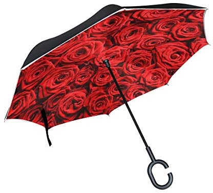 Wamika Regenschirm mit roten Rosen und Blumen, doppelschichtig, umgekehrt, Winddicht, selbststehend, UV-Schutz, Nicht automatisch, groß, gerade, Kopf, C-förmiger Griff für Auto Regen