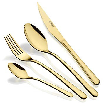 Monix Pisa Gold - Set de cubiertos de 24 piezas con cuchillo chuletero, acero inoxidable 18/10, diseño contemporaneo, acabado pulido brillante dorado, espesor 3 mm (6 comensales)