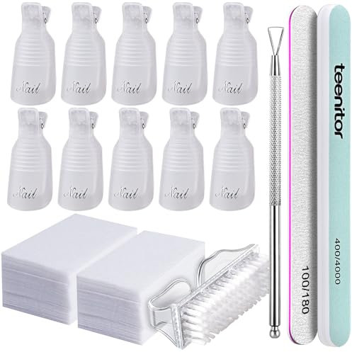 Teenitor Gel Nail Remover Kit -10 pcs Gel Clip Remover, Brush for Nails, Nail Files 100/180, Buffer Block 400/4000, Stainless Steel Cuticle Peeler and Lint Free Cotton Pads, Transparent