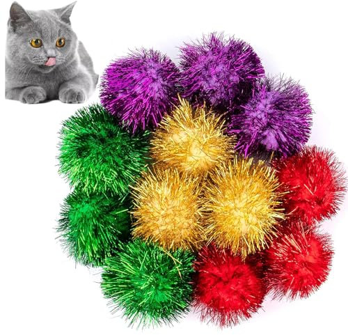 AUEAR, 12 Stück 5,1 cm glitzernde Bälle glänzende Lametta Pom Poms Interaktive Bälle Katze für Kätzchen (4 Farben)