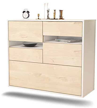 Dekati Sideboard Fayetteville hängend (92x77x35cm) Korpus Weiss matt - Front Holz-Design Zeder - Push to Open