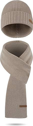 normani Wintermütze und Schal aus Merinowolle für Damen und Herren perfektes Set für die kalte Jahreszeit Farbe Beige
