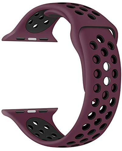 EWENYS Replacement Strap Silicone with Double Pins Clasp, Compatible with Apple Watch Series 9 8 7 41mm, SE Series 6 5 4 40mm, Series 3 2 1 38mm. Nike Sport(Plum-black)