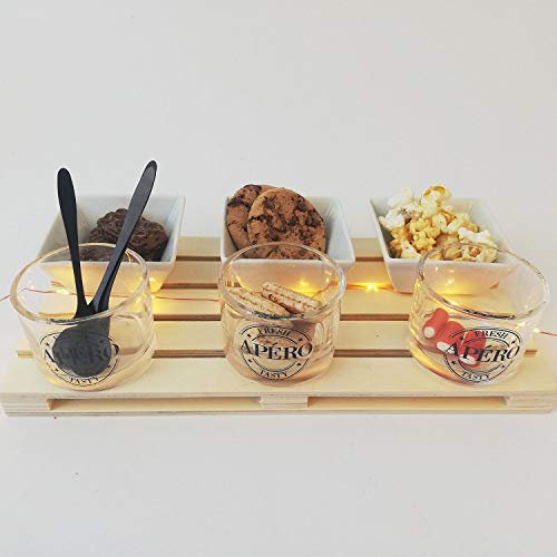 Set de 10 pièces avec plateau en bois, gobelets en verre, bols en céramique et cuillères, bols de service