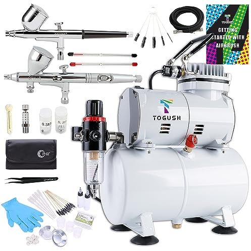 T TOGUSH Airbrush Kit with Air Tank Compressor,2 Dual-Action Gravity Feed Airbrush,with 3 Nozzle Sets(0.2mm 0.3mm 0.5mm) Air Hose Coloring Tool Cleaning Brush for Model Paint Craft DIY Art