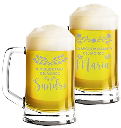 Colorfamily Coppia Boccali da birra Personalizzati Set da 2 Boccali da birra personalizzati con nome Mamma Papà Migliore al Mondo - bicchiere in vetro 50 cl