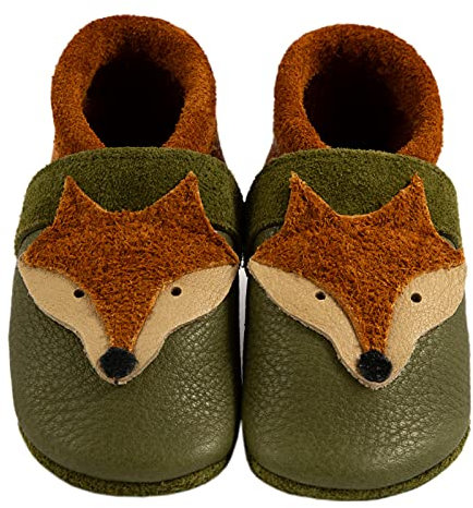 Pantolinos Fuchs Krabbelschuhe aus Ökoleder Made in Germany Lauflernschuhe als Geschenk für Jungen & Mädchen Babyschuhe aus Leder weiche Lederpuschen Schlupfschuhe Hausschuhe Grün Gr.21/22