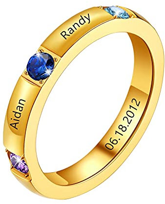 U7 personalisiert Freundschaftsring mit Geburtsstein & 3 Namen Gravur 18k vergoldet Damenring Familie Ring Hochzeitsring Verlobungsring für BFF Freundin Ehefrau Mutter