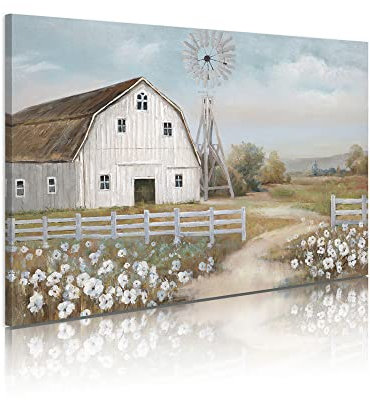 Bilder von Scheunen-Drucken Wandleinwand alt, rustikal, Schlafzimmer, Windmühlen, Wanddekoration, Bauernhaus, Scheunenbilder, Wandkunst, blauer Himmel und weiße Blumen, Retro-Gemälde (61x40x1 Panel)